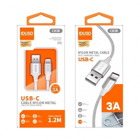 CABLE NYLON TRENZADO TIPO USB-C CARGA RAPIDA 3A 1.2M BLANCO | C83B IDUSD 32073