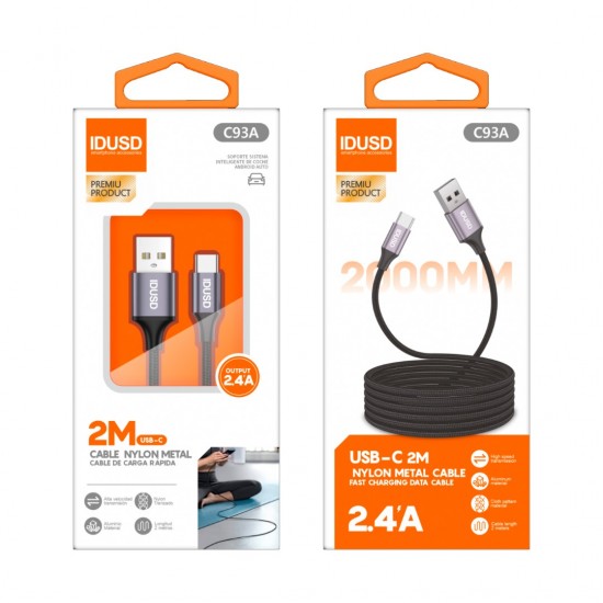 CABLE NYLON TRENZADO TIPO USB-C CARGA RAPIDA 2.4A 2.0M NEGRO | C93A IDUSD 32074
