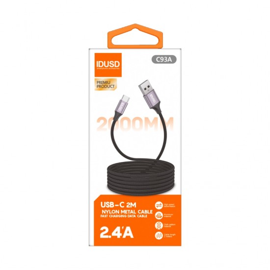 CABLE NYLON TRENZADO TIPO USB-C CARGA RAPIDA 2.4A 2.0M NEGRO | C93A IDUSD 32074