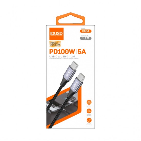 CABLE NYLON TRENZADO TIPO USB-C A USB-C CARGA RAPIDA 5.0A 1.2M NEGRO | C86A IDUSD 32076