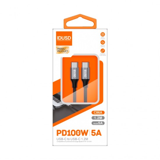 CABLE NYLON TRENZADO TIPO USB-C A USB-C CARGA RAPIDA 5.0A 1.2M NEGRO | C86A IDUSD 32076