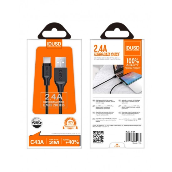 TURBO CABLE TIPO C 2.0M 2.4A NEGRO | C43A IDUSD 11794