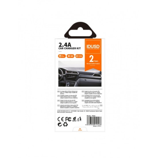 CARGADOR COCHE MICRO 2 PUERTOS USB 2.4A CON CABLE TURBO LIGHTNING 1.2M | NEGRO IDUSD 11156