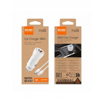 CARGADOR COCHE CARGA RAPIDA PD + QC 38W 3A + CABLE PD USB-C A LIGHTNING BLANCO | F55B