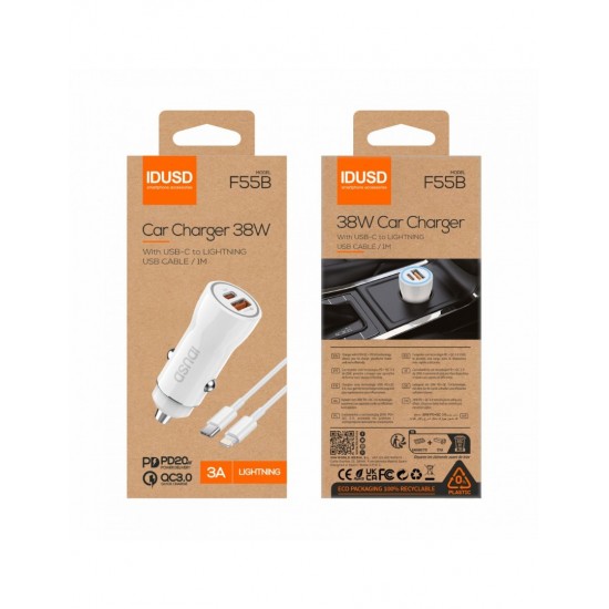 CARGADOR COCHE CARGA RAPIDA PD + QC 38W 3A + CABLE PD USB-C A LIGHTNING BLANCO | F55B IDUSD 34211