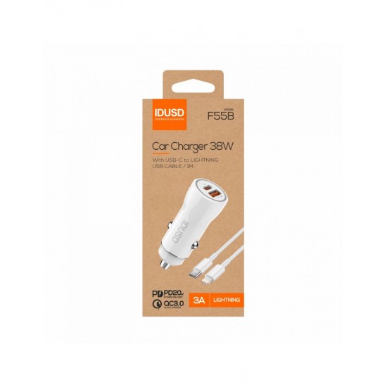 CARGADOR COCHE CARGA RAPIDA PD + QC 38W 3A + CABLE PD USB-C A LIGHTNING BLANCO | F55B IDUSD 34211