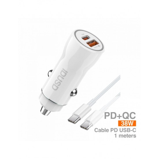 CARGADOR COCHE CARGA RAPIDA PD + QC 38W 3A + CABLE PD USB-C A USB-C BLANCO | F56B IDUSD 34212