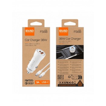 CARGADOR COCHE CARGA RAPIDA PD + QC 38W 3A + CABLE PD USB-C A USB-C BLANCO | F56B