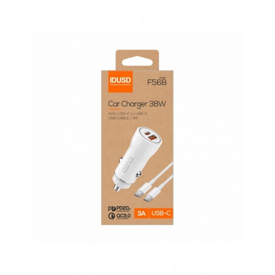 CARGADOR COCHE CARGA RAPIDA PD + QC 38W 3A + CABLE PD USB-C A USB-C BLANCO | F56B IDUSD 34212