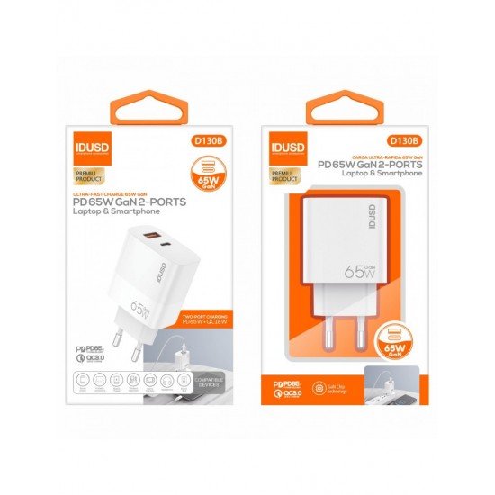 CARGADOR RÁPIDO GAN PD 65W DOS PUERTOS | IDUSD D130B IDUSD 34357