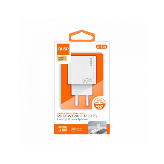 CARGADOR RÁPIDO GAN PD 65W TRES PUERTOS | IDUSD D150B IDUSD 34358