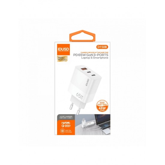 CARGADOR RÁPIDO GAN PD 65W TRES PUERTOS | IDUSD D150B IDUSD 34358