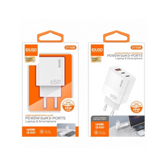CARGADOR RÁPIDO GAN PD 65W TRES PUERTOS | IDUSD D150B IDUSD 34358