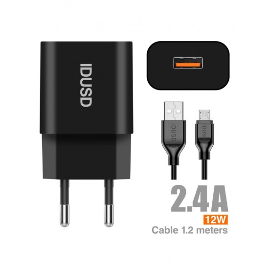 CARGADOR SMART CHARGER 1xUSB 2.4A 12W + CABLE MICRO USB NEGRO | D71A IDUSD 11772