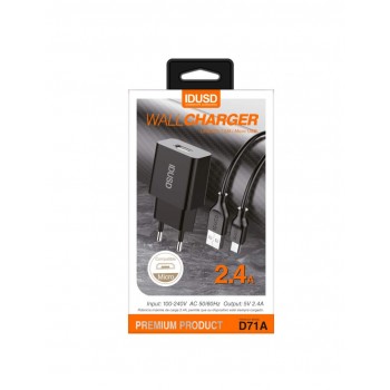 CARGADOR SMART CHARGER 1xUSB 2.4A 12W + CABLE MICRO USB NEGRO | D71A