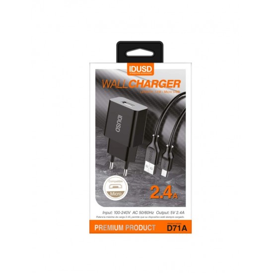 CARGADOR SMART CHARGER 1xUSB 2.4A 12W + CABLE MICRO USB NEGRO | D71A IDUSD 11772