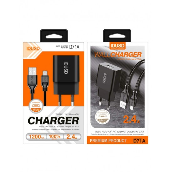 CARGADOR SMART CHARGER 1xUSB 2.4A 12W + CABLE MICRO USB NEGRO | D71A IDUSD 11772
