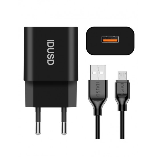 CARGADOR SMART CHARGER 1xUSB 2.4A 12W + CABLE MICRO USB NEGRO | D71A IDUSD 11772