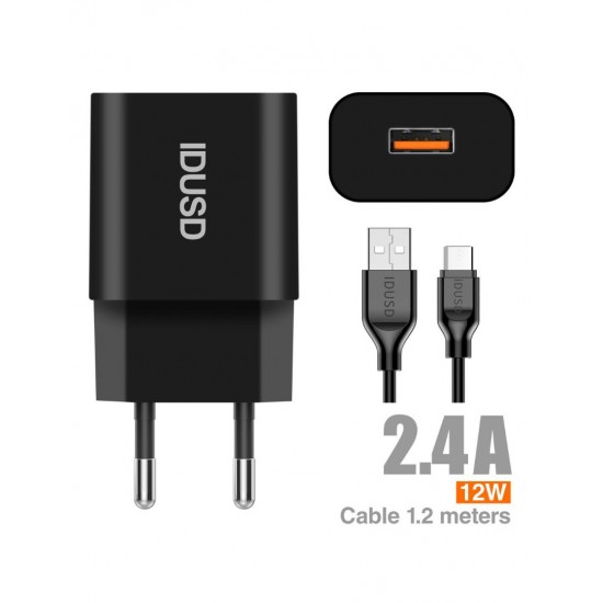 CARGADOR SMART CHARGER 1xUSB 2.4A 12W + CABLE TIPO C NEGRO | D73A IDUSD 11774