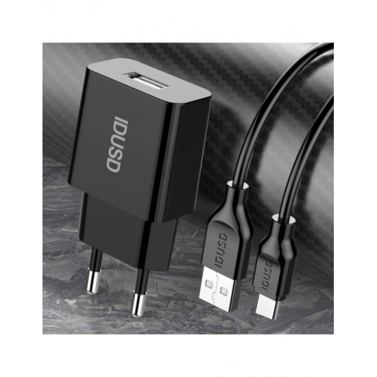 CARGADOR SMART CHARGER 1xUSB 2.4A 12W + CABLE TIPO C NEGRO | D73A IDUSD 11774