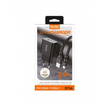 CARGADOR SMART CHARGER 1xUSB 2.4A 12W + CABLE TIPO C NEGRO | D73A