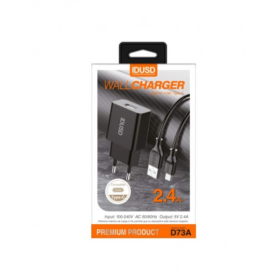 CARGADOR SMART CHARGER 1xUSB 2.4A 12W + CABLE TIPO C NEGRO | D73A IDUSD 11774