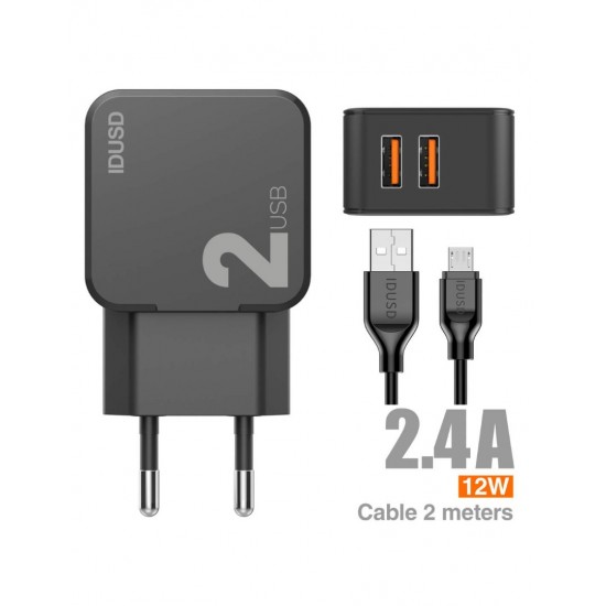 CARGADOR SMART CHARGER 2xUSB 2.4A 12W + TURBO CABLE MICRO USB 2M NEGRO | D81A IDUSD 11776