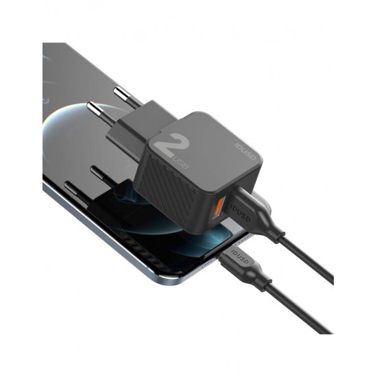 CARGADOR SMART CHARGER 2xUSB 2.4A 12W + TURBO CABLE MICRO USB 2M NEGRO | D81A IDUSD 11776