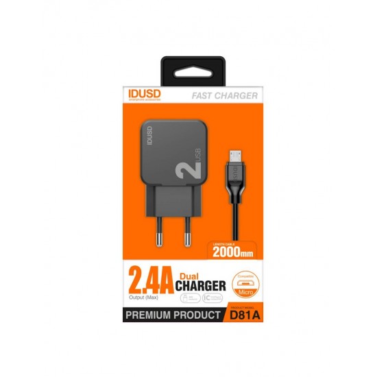 CARGADOR SMART CHARGER 2xUSB 2.4A 12W + TURBO CABLE MICRO USB 2M NEGRO | D81A IDUSD 11776