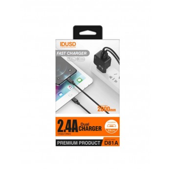 CARGADOR SMART CHARGER 2xUSB 2.4A 12W + TURBO CABLE MICRO USB 2M NEGRO | D81A