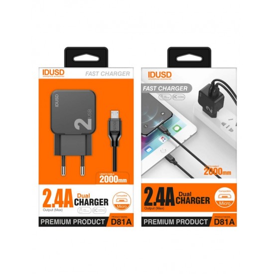 CARGADOR SMART CHARGER 2xUSB 2.4A 12W + TURBO CABLE MICRO USB 2M NEGRO | D81A IDUSD 11776