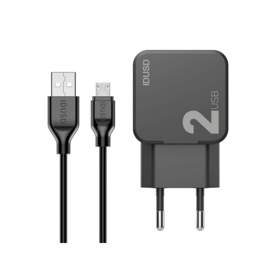 CARGADOR SMART CHARGER 2xUSB 2.4A 12W + TURBO CABLE MICRO USB 2M NEGRO | D81A IDUSD 11776