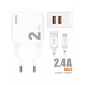 CARGADOR SMART CHARGER 2xUSB 2.4A 12W + TURBO CABLE TIPO C 2M BLANCO IDSD D83B IDUSD 11770
