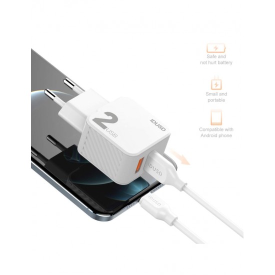 CARGADOR SMART CHARGER 2xUSB 2.4A 12W + TURBO CABLE TIPO C 2M BLANCO IDSD D83B IDUSD 11770