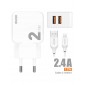 CARGADOR SMART CHARGER 2xUSB 2.4A 12W + TURBO CABLE TIPO C 2M BLANCO IDSD D83B IDUSD 11770