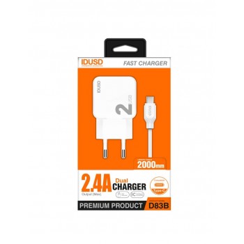 CARGADOR SMART CHARGER 2xUSB 2.4A 12W + TURBO CABLE TIPO C 2M BLANCO IDSD D83B