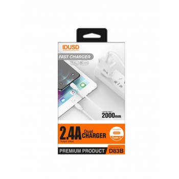 CARGADOR SMART CHARGER 2xUSB 2.4A 12W + TURBO CABLE TIPO C 2M BLANCO IDSD D83B
