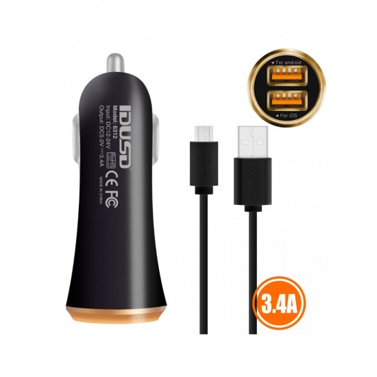 CARGADOR COCHE LIGHTNING IPHONE 5/6 | 2 EN 1 | 3.4A | NEGRO IDUSD 04716