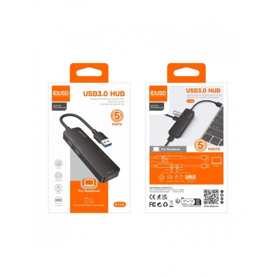 MINI HUB USB 3.0 5 EN 1 CON LECTOR DE TARJETAS | IDUSD K13A