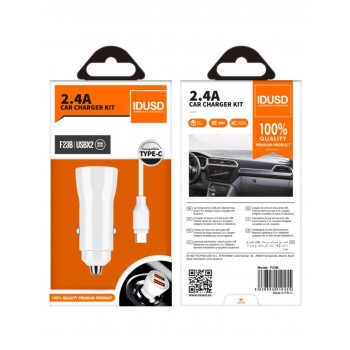 CARGADOR COCHE MICRO 2 PUERTOS USB 2.4A CON CABLE TIPO C 1.2M BLANCO | F23B