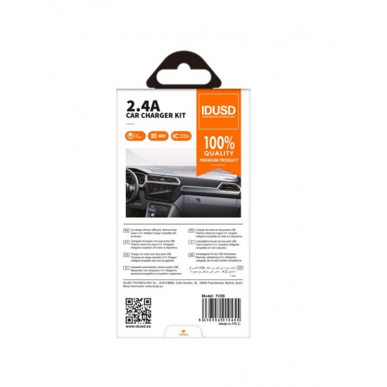 CARGADOR COCHE MICRO 2 PUERTOS USB 2.4A CON CABLE TIPO C 1.2M BLANCO | F23B