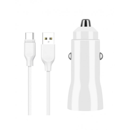 CARGADOR COCHE MICRO 2 PUERTOS USB 2.4A CON CABLE TIPO C 1.2M BLANCO | F23B