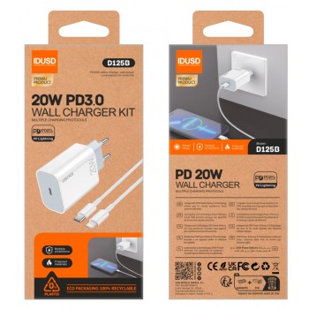 ECO CARGADOR RÁPIDO PD USB-C 20W + PD LIGHTNING IDUSD D125B