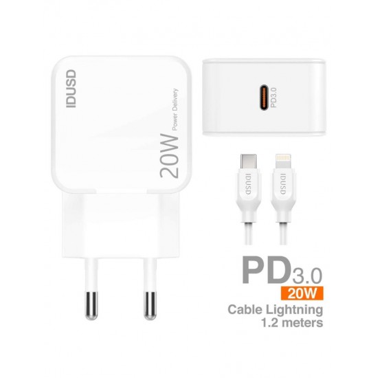 CARGADOR CARGA RAPIDA PD3.0 20W 3A USB-C + CABLE LIGHNTING 1.2M IDUSD D62B IDUSD 13264