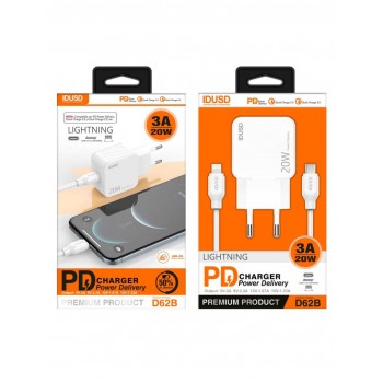 CARGADOR CARGA RAPIDA PD3.0 20W 3A USB-C + CABLE LIGHNTING 1.2M IDUSD D62B