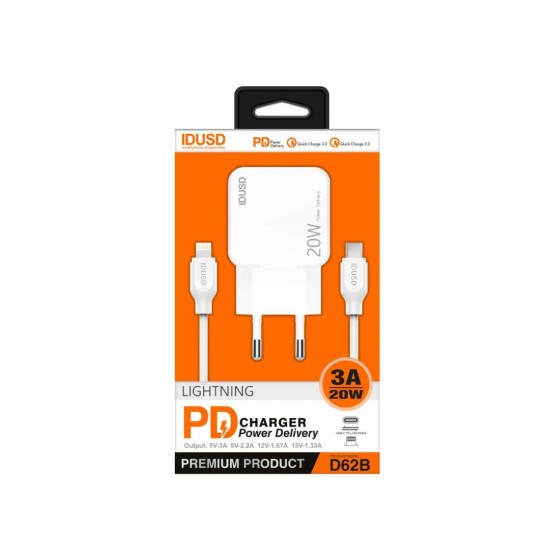 CARGADOR CARGA RAPIDA PD3.0 20W 3A USB-C + CABLE LIGHNTING 1.2M IDUSD D62B IDUSD 13264