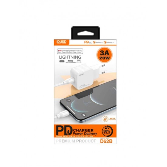 CARGADOR CARGA RAPIDA PD3.0 20W 3A USB-C + CABLE LIGHNTING 1.2M IDUSD D62B IDUSD 13264