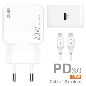 CARGADOR RÁPIDO PD 3.0 CHARGER 20W + CABLE USB-C IDUSD D63B