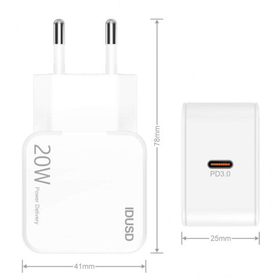 CARGADOR RÁPIDO PD 3.0 CHARGER 20W + CABLE USB-C IDUSD D63B IDUSD 13717