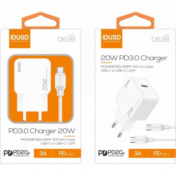 CARGADOR RÁPIDO PD 3.0 CHARGER 20W + CABLE USB-C IDUSD D63B